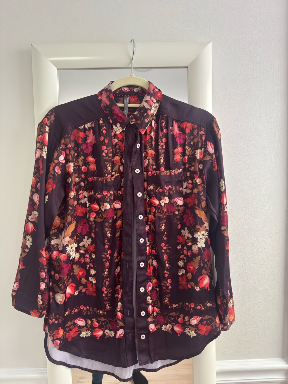 Anthropologie Floral Button-Up Blouse in Burgundy with Pink and Cream Accents